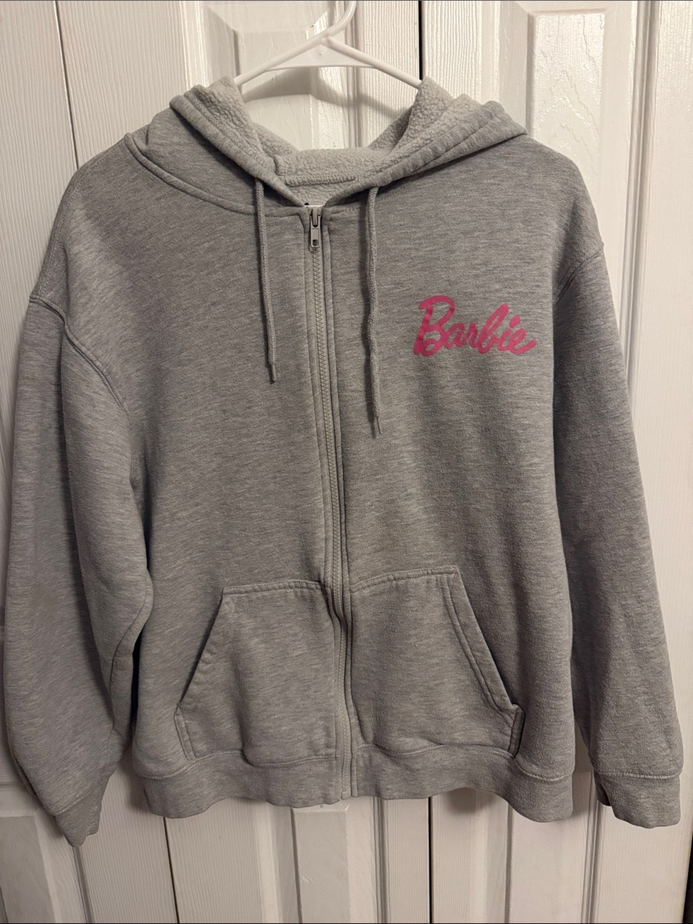 Barbie Gray Full-Zip Hoodie with Pink Script Logo